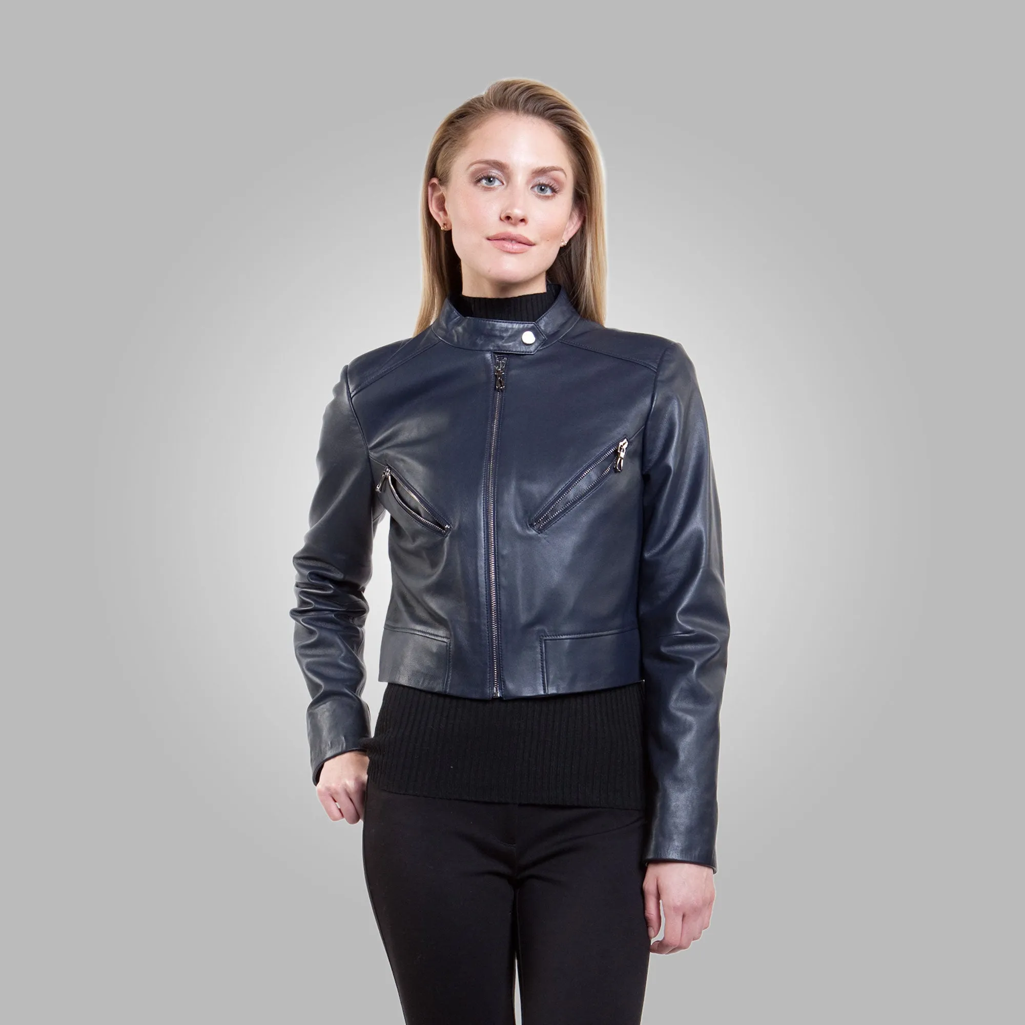 Women’s Blue Leather Short Fit Jacket