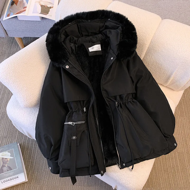 Women's Elegant Warm Fleece Lined Hooded Winter Jacket with Fur Collar | Ideal for Autumn/Winter