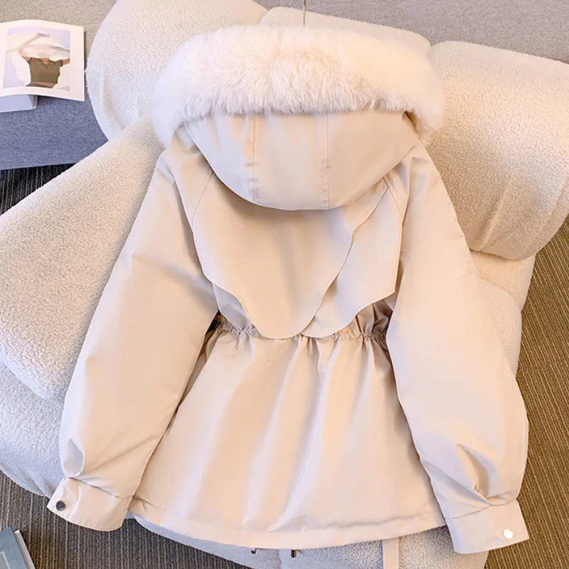 Women's Elegant Warm Fleece Lined Hooded Winter Jacket with Fur Collar | Ideal for Autumn/Winter