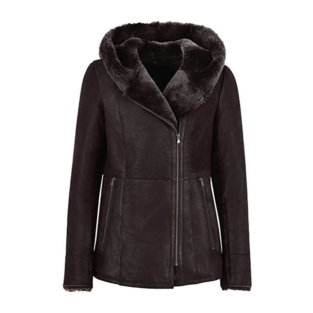 WOMEN'S HOODED FUR SHEARLING LONG JACKET