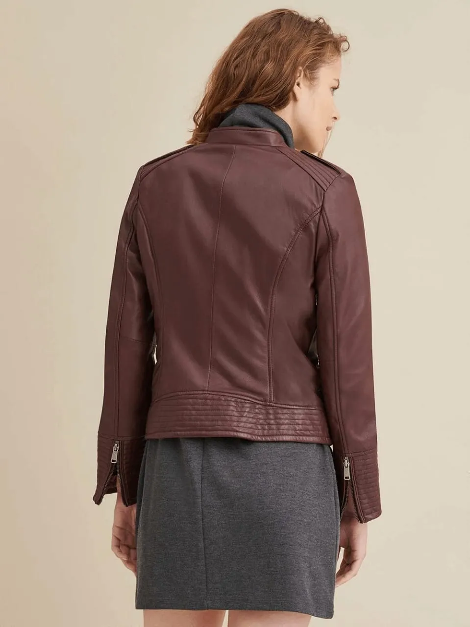 Women’s Maroon Leather Biker Jacket