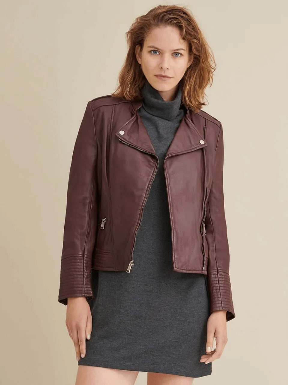 Women’s Maroon Leather Biker Jacket