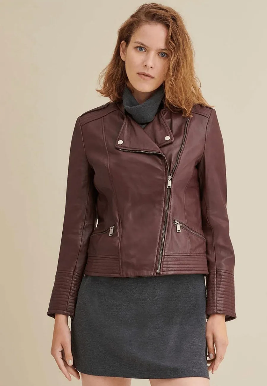 Women’s Maroon Leather Biker Jacket