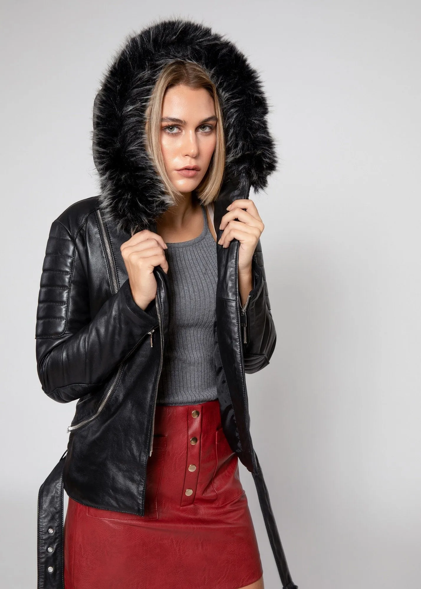 Women's Poseidon Leather Jacket with Fur Hoodie