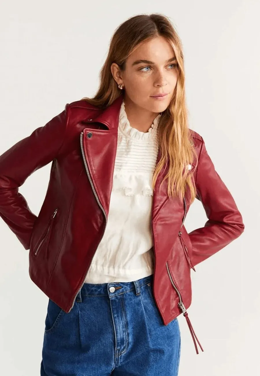 Women's Red Leather Biker Jacket