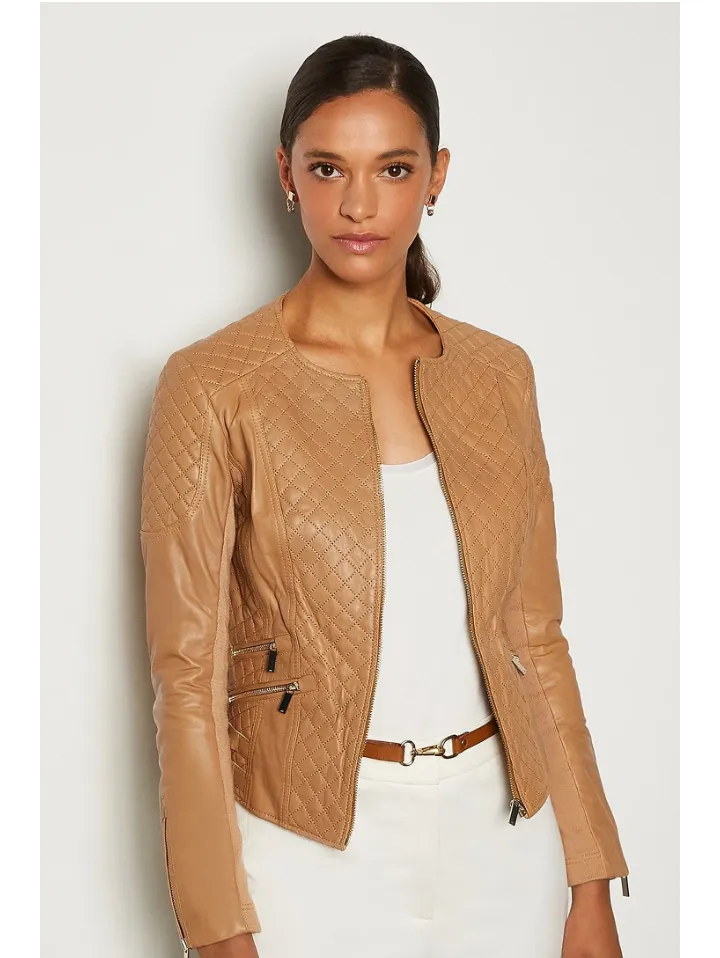 WOMEN’S TAN BEIGE LEATHER BIKER JACKET