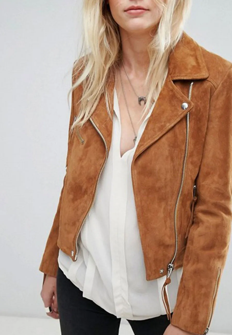 Women’s Tan Brown Genuine Suede Leather Biker Jacket